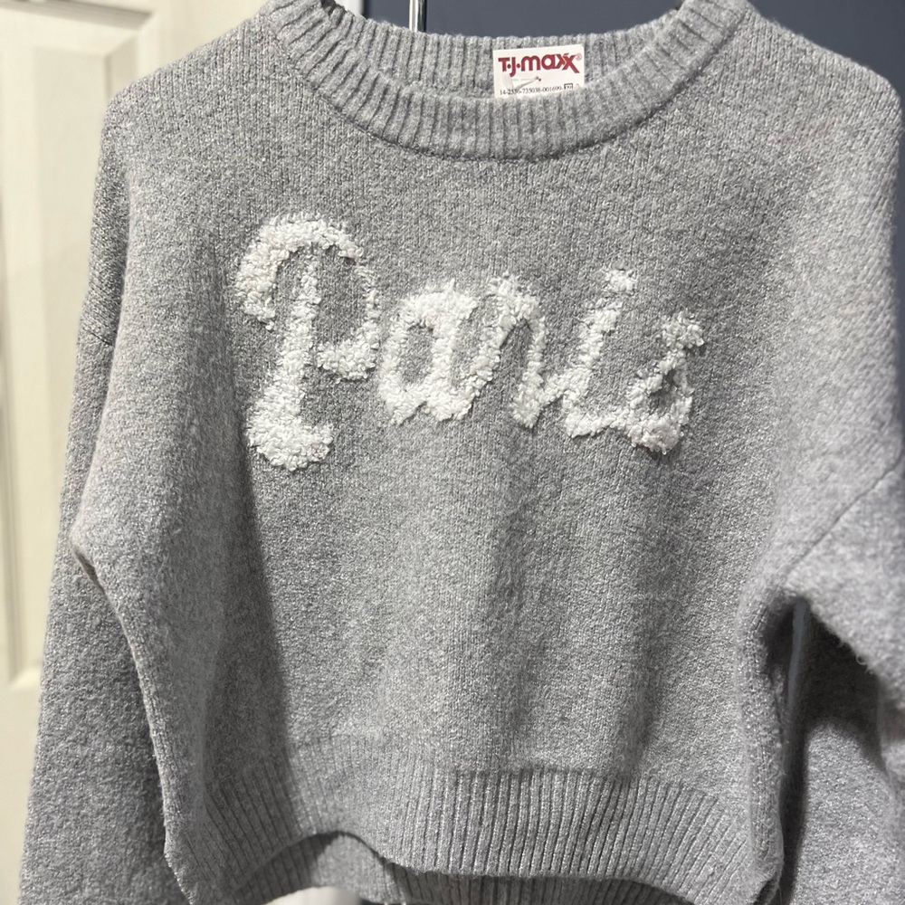 New 
Pink Rose Brand Grey Cropped Sweater
Paris in white on the front